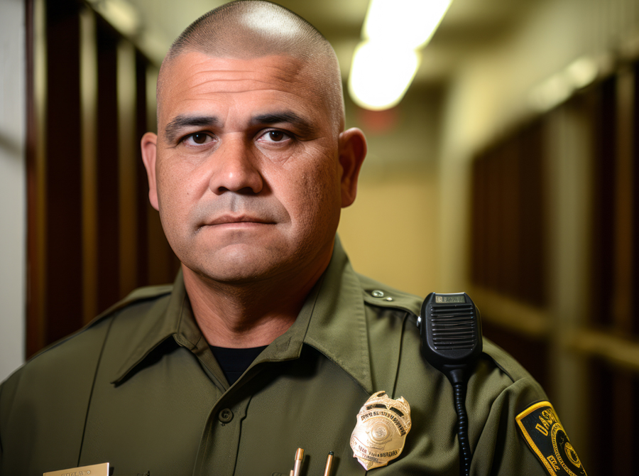 A jailer in a police uniform stands confidently in a well-lit hallway