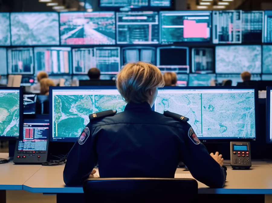 A female dispatcher in a police uniform monitors multiple screens, focused on her duties in a control room.