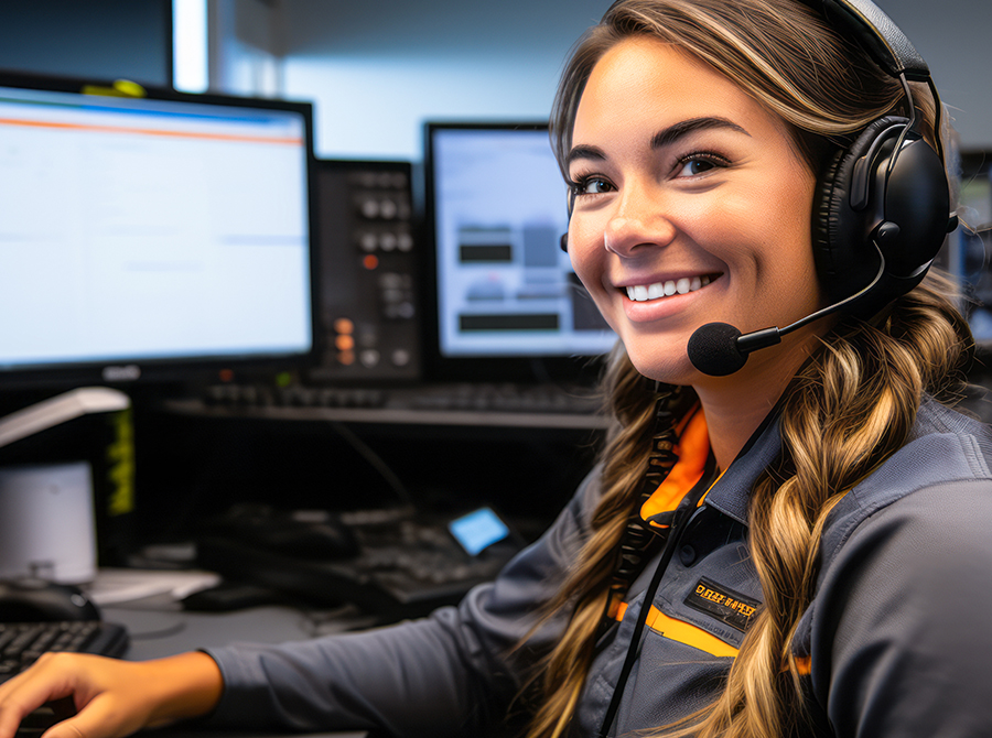 A smiling female dispatcher wearing a headset