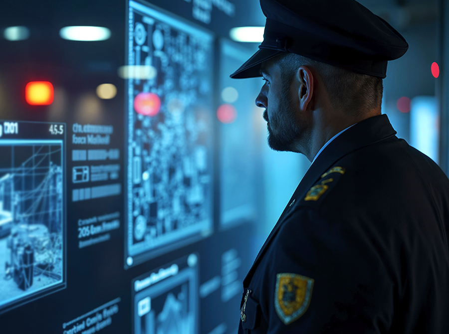 Police officer facing a screen