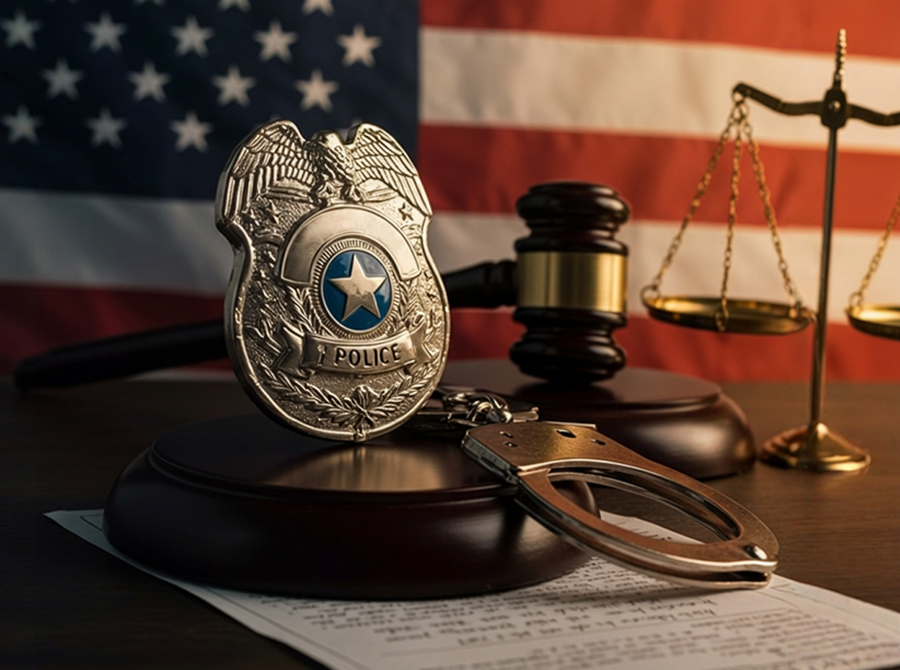 A law enforcement badge and handcuffs overlaid near the American flag, with a gavel and legal document nearby.