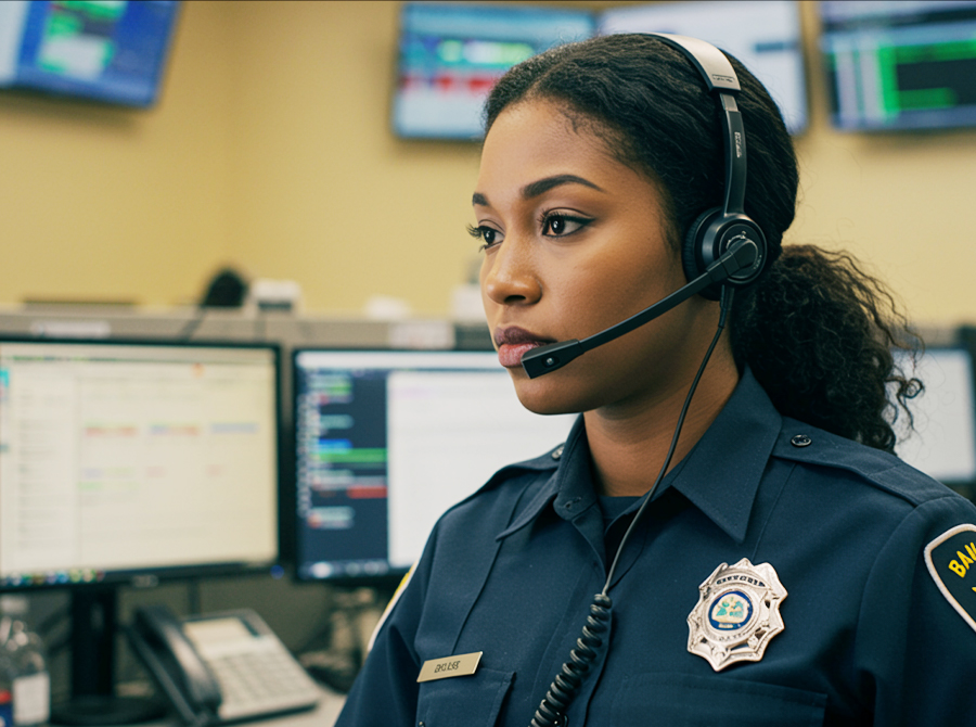 A female 911 dispatcher wearing a headset
