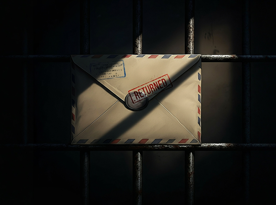 A close-up of an envelope stamped “RETURNED”, placed behind jail bars.