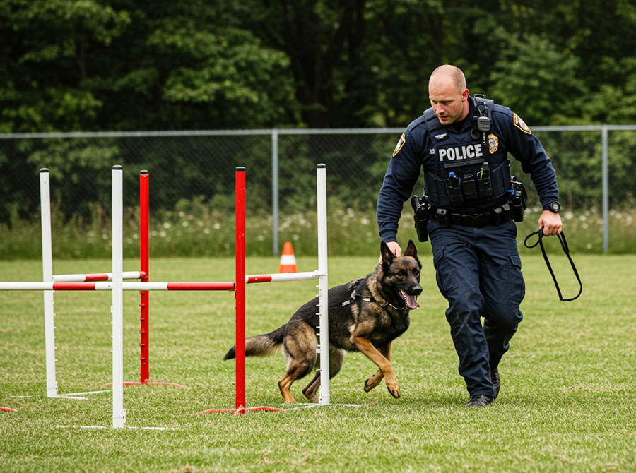 A photo showing a police K9 and its handler in uniform engaged in a training