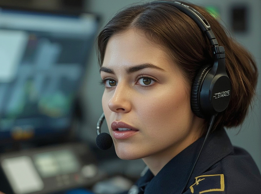 A close-up of a female dispatcher wearing a headset, with a focused expression.