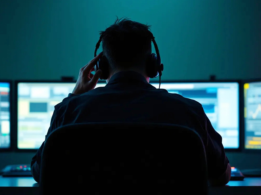 911 emergency dispatcher sitting alone in a dimly lit call center