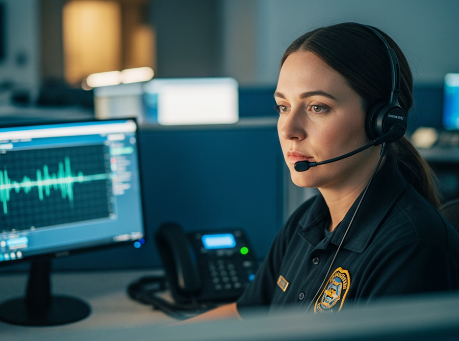 Dispatcher wearing a headset at an emergency dispatcher center undergoing effective 9-1-1 dispatcher training.