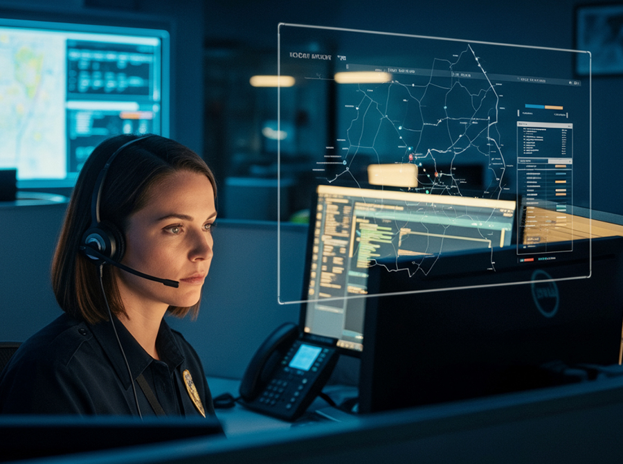 A dispatcher participating in training 9-1-1 dispatchers to spot trouble early, analyzing emergency call cues and detecting early signs of escalation.