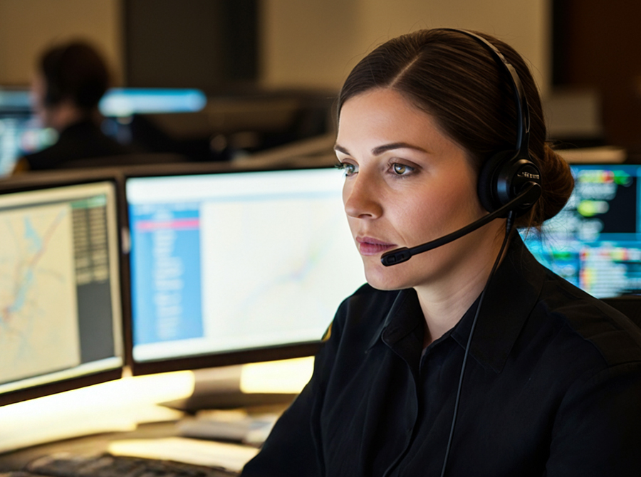 Scene showing a female 911 dispatcher communicating under pressure, supporting the topic of teaching 9-1-1 dispatchers to communicate under pressure.