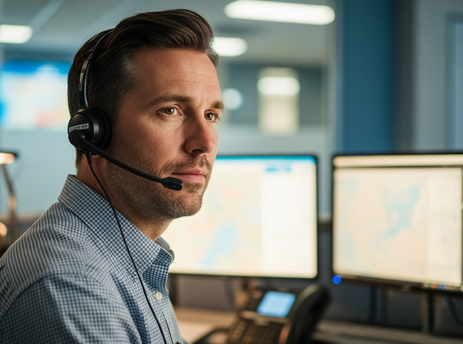 A calm, focused male 9-1-1 dispatcher wearing a headset at his workstation, surrounded by blurred screens, symbolizing “Hearing Beyond the Noise” and critical listening in emergency response.