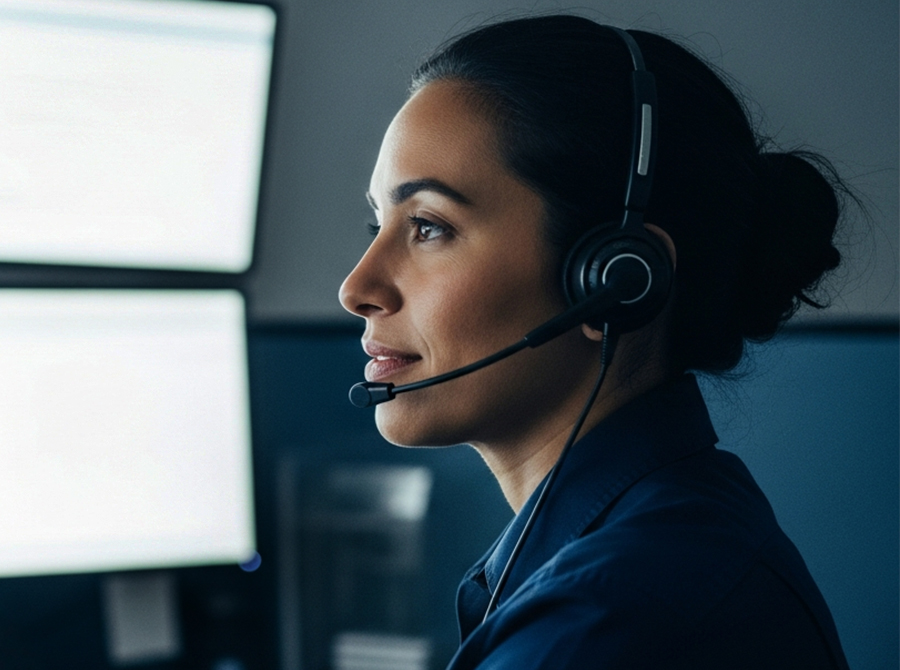 A female dispatcher wearing a headset works at a computer in a dimly lit communications center, illustrating resilience through online training and a calm, focused approach to high-pressure calls.