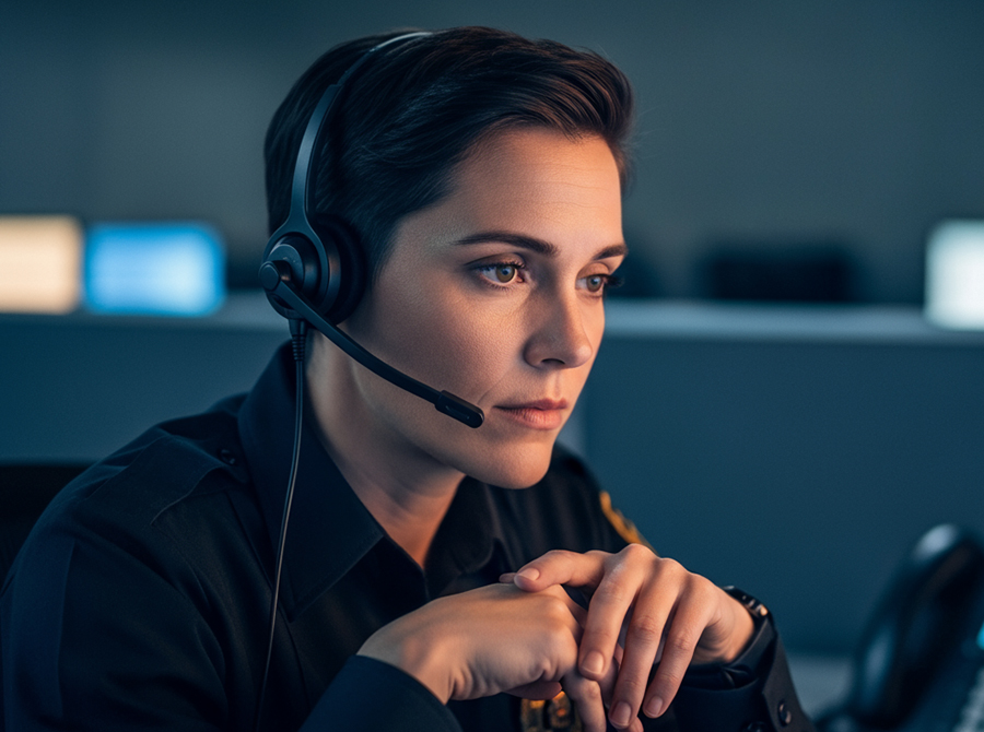 An officer at a dimly lit control center wears a headset and looks focused and thoughtful, navigating tough calls as glowing screens illuminate the high-tech workspace behind them.