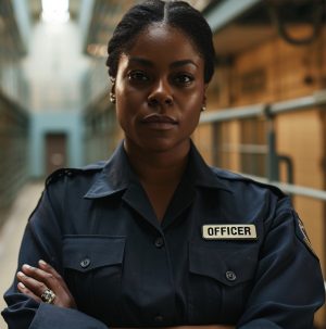 An empowered black female correctional officer standing firm in